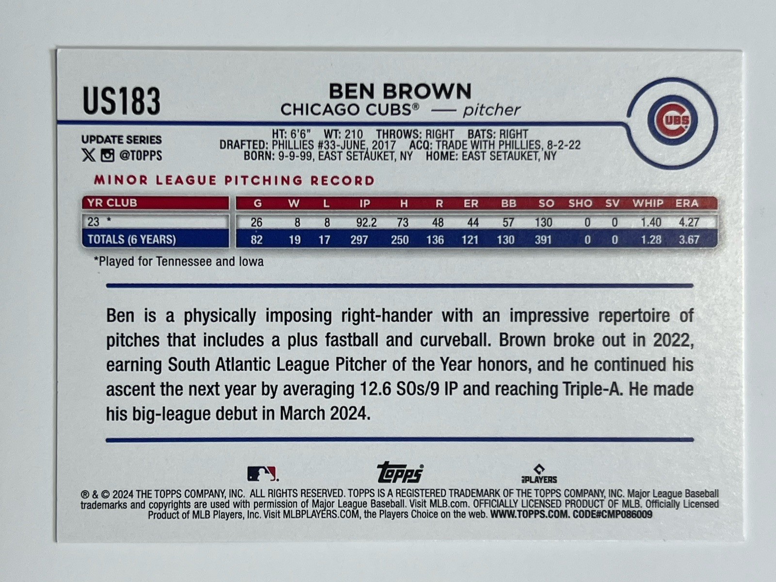 2024 Topps Update Ben Brown US183 (RC) Flagship Rookie Cubs QTY