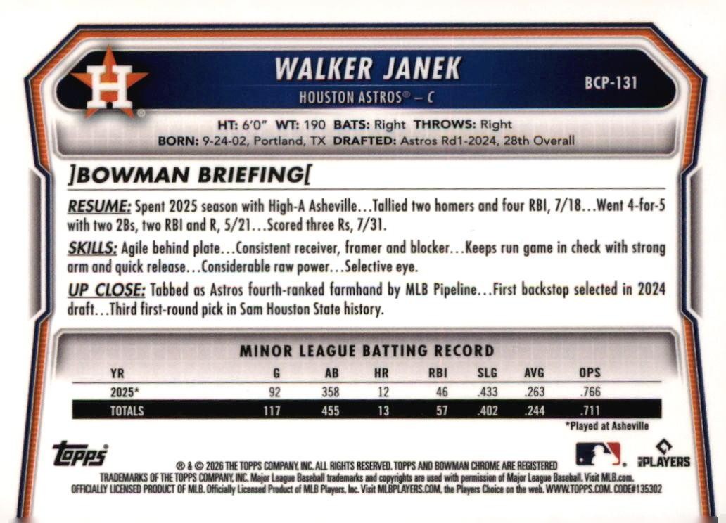 2026 Bowman #BCP-131 Walker Janek Chrome Prospects