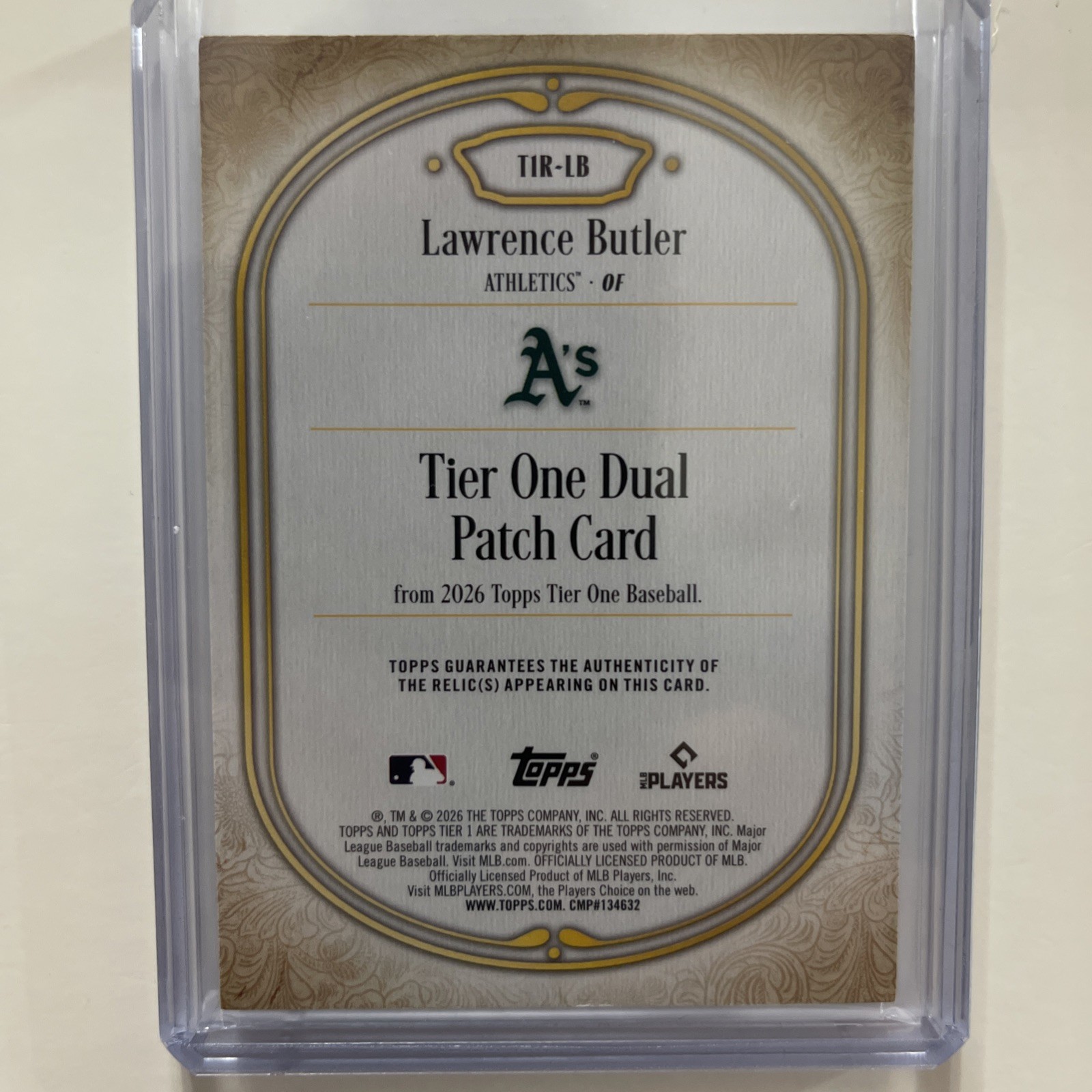 #’d /25- Lawrence Butler – 2026 Topps Tier One – Dual Relic – Athletics