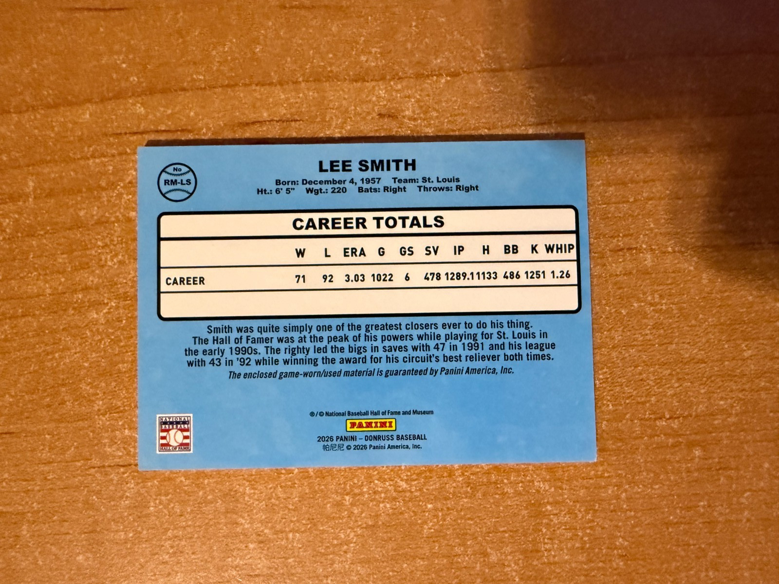 2026 Donruss Baseball – Lee Smith – Blue Parallel Retro Jersey Relic #d 22/25
