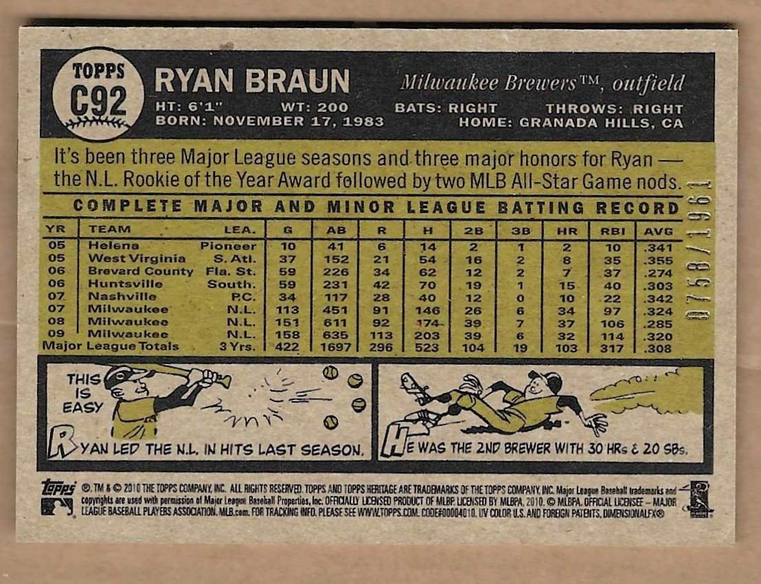 Ryan Braun 2010 Topps Heritage Chrome #C92 Milwaukee Brewers SN# 758/1961
