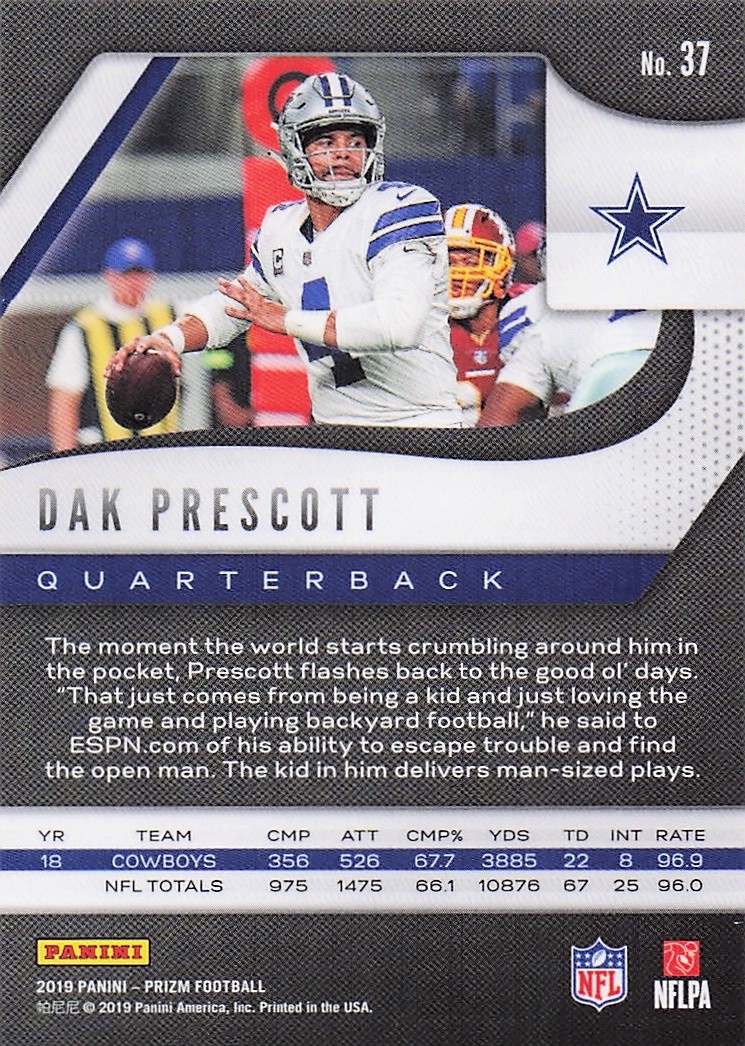 2019 Panini America, Inc. PRIZM FOOTBALL DAK PRESCOTT #37 DALLAS COWBOYS