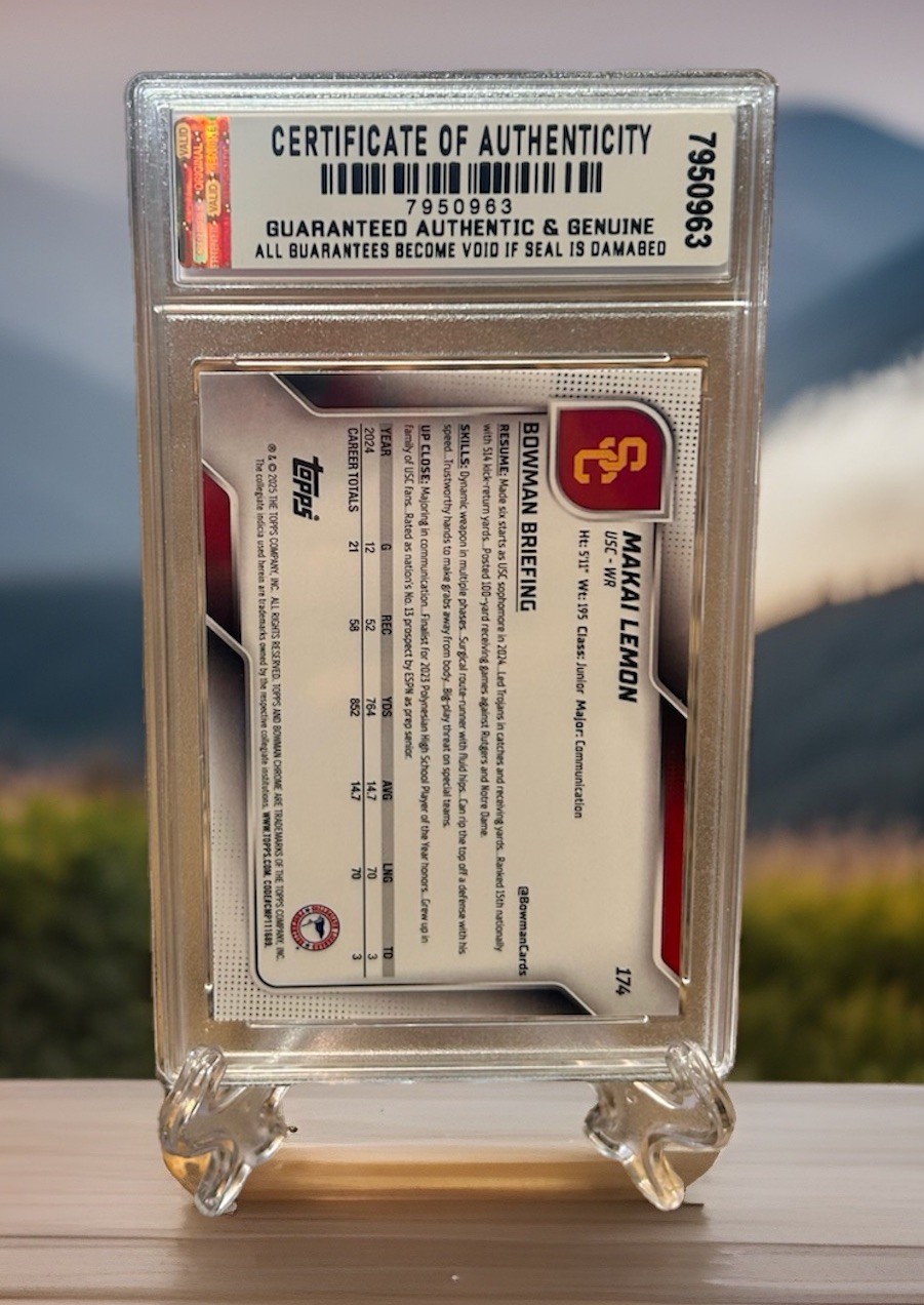 Graded Gem-Mt 10 Makai Lemon 2025 1ST BOWMAN U CHROME ROOKIE CARD #174