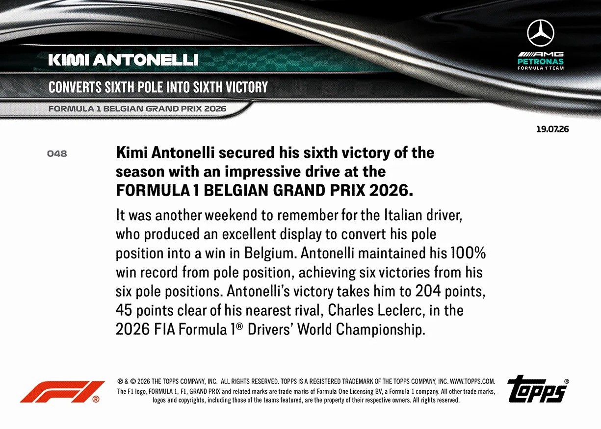 Kimi Antonelli Belgian GP 2026 Formula 1 Topps NOW Card 48 Presale – 6th Victory