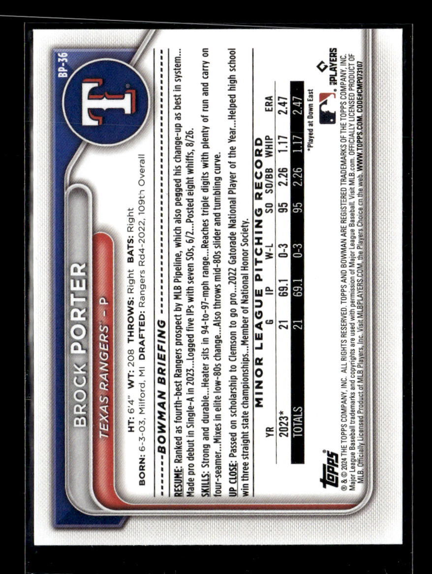 2024 Bowman Prospect Paper Brock Porter Texas Rangers #BP-36 5 Card Lot