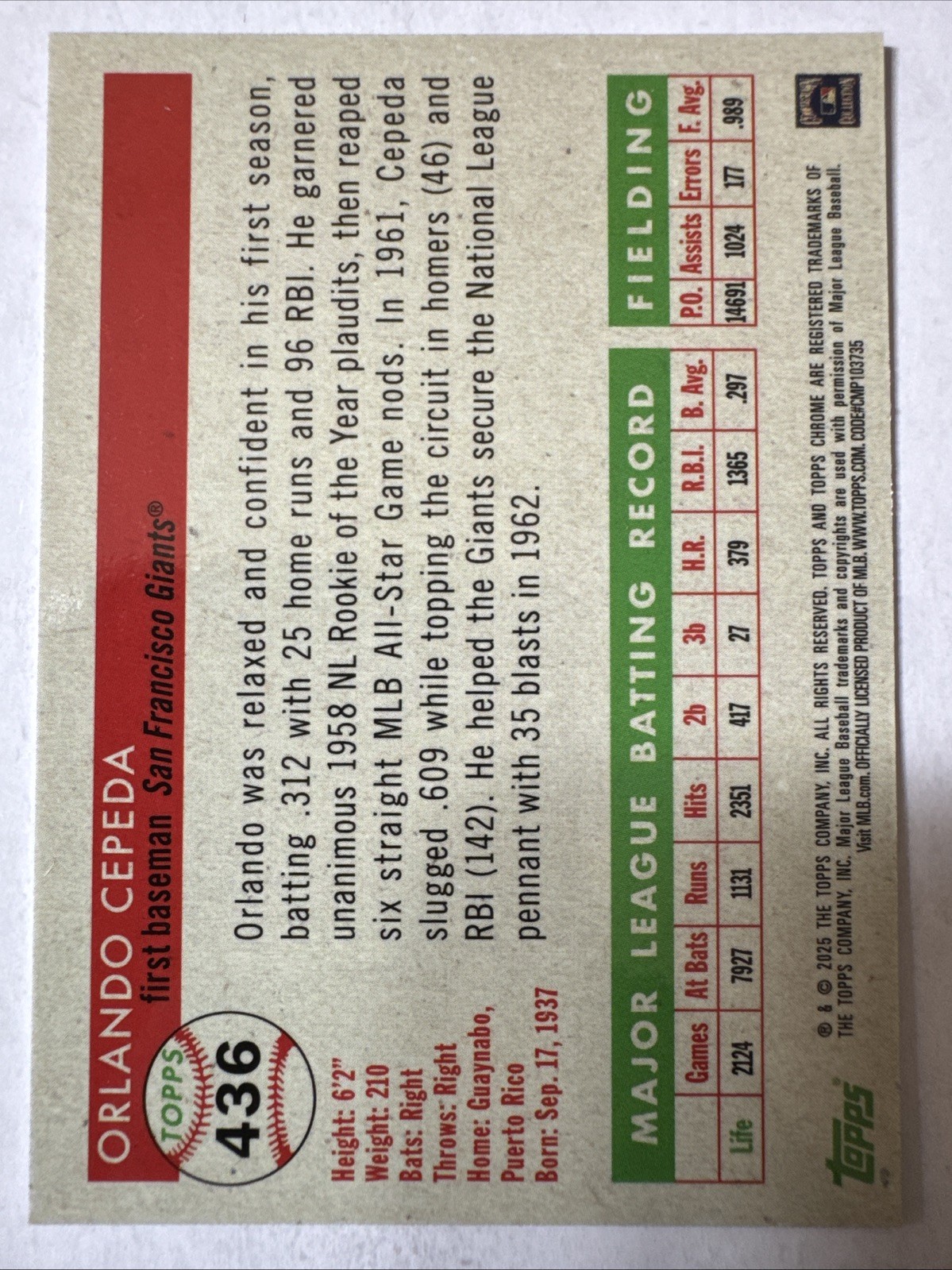 2025 Topps Chrome Platinum Orlando Cepeda #436 Blue Vibrations /150 Giants HOF