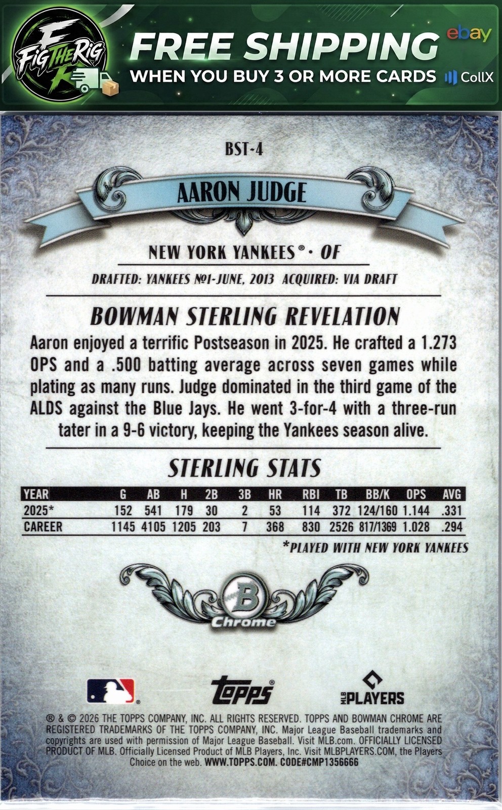 2026 Bowman #BST-4 Aaron Judge Bowman Sterling Mojo Refractors