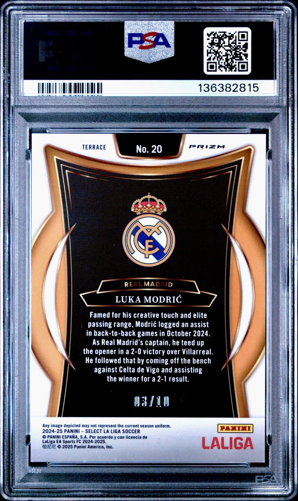 LUKA MODRIC 2024-25 Select La Liga Gold Wave Prizm /10 Real Madrid #20 PSA 9