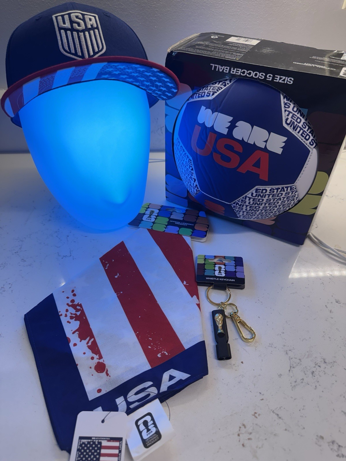 USA Fan Bundle Snapback Hat FIFA World Cup 2026 Ball Bandana Trophy Keychain