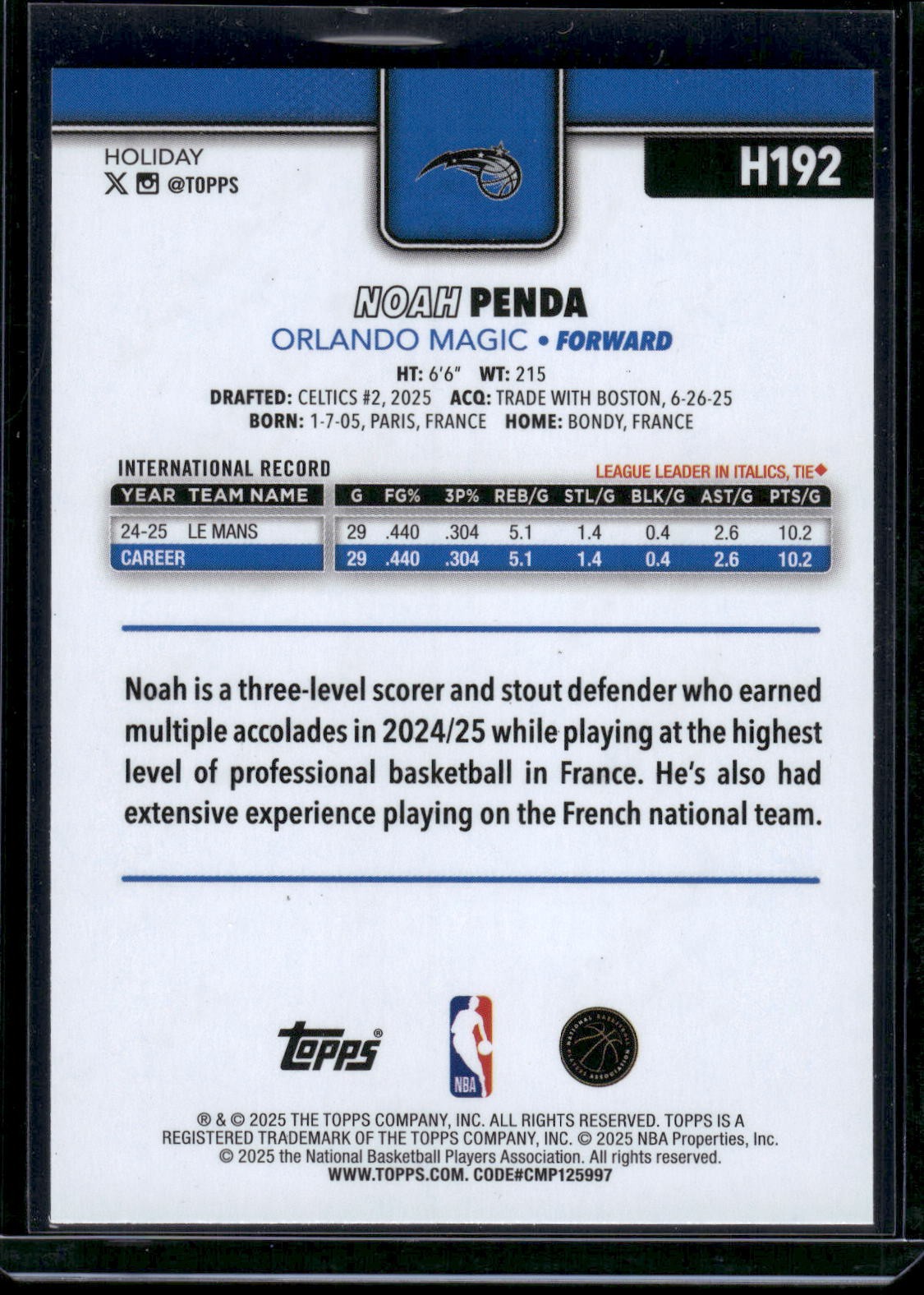 2025-26 Topps Holiday #H192 Noah Penda Stocking Stuffer Metallic Holly