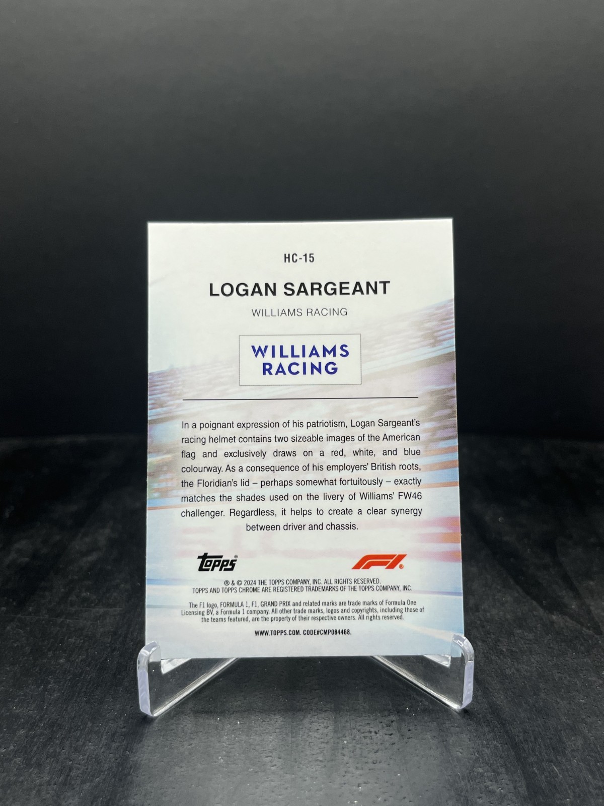 2024 Topps Chrome Formula 1 F1 Logan Sargeant Helmet Collection #HC-15
