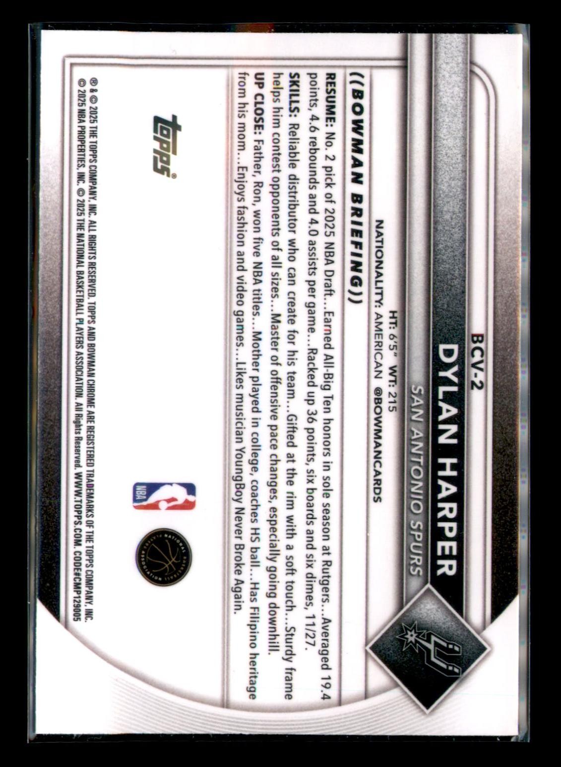 2025-26 Bowman Chrome #BCV-2 Dylan Harper Rookie The BallCap Exec
