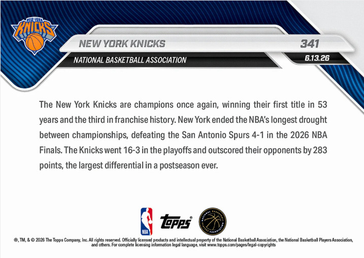 2026 Topps NOW NBA New York Knicks Finals 6 card set – Presale