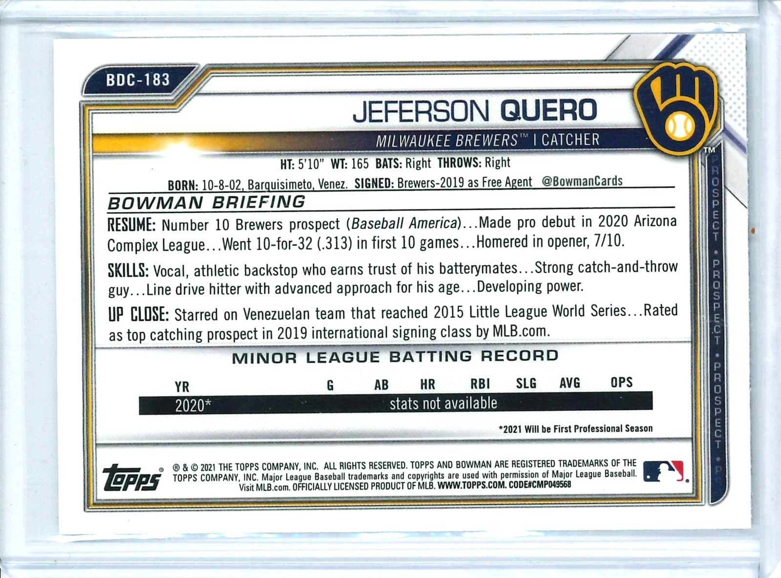 2021 Bowman Draft Chrome Sky Blue Refractor Jeferson Quero #BDC-183 – Brewers