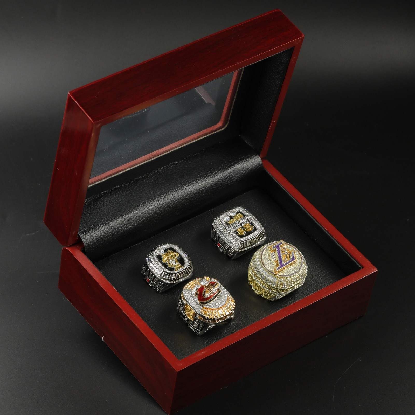 4pcs Lebron James Championship Ring Set with Wooden Box 2012 2013 2016 2020