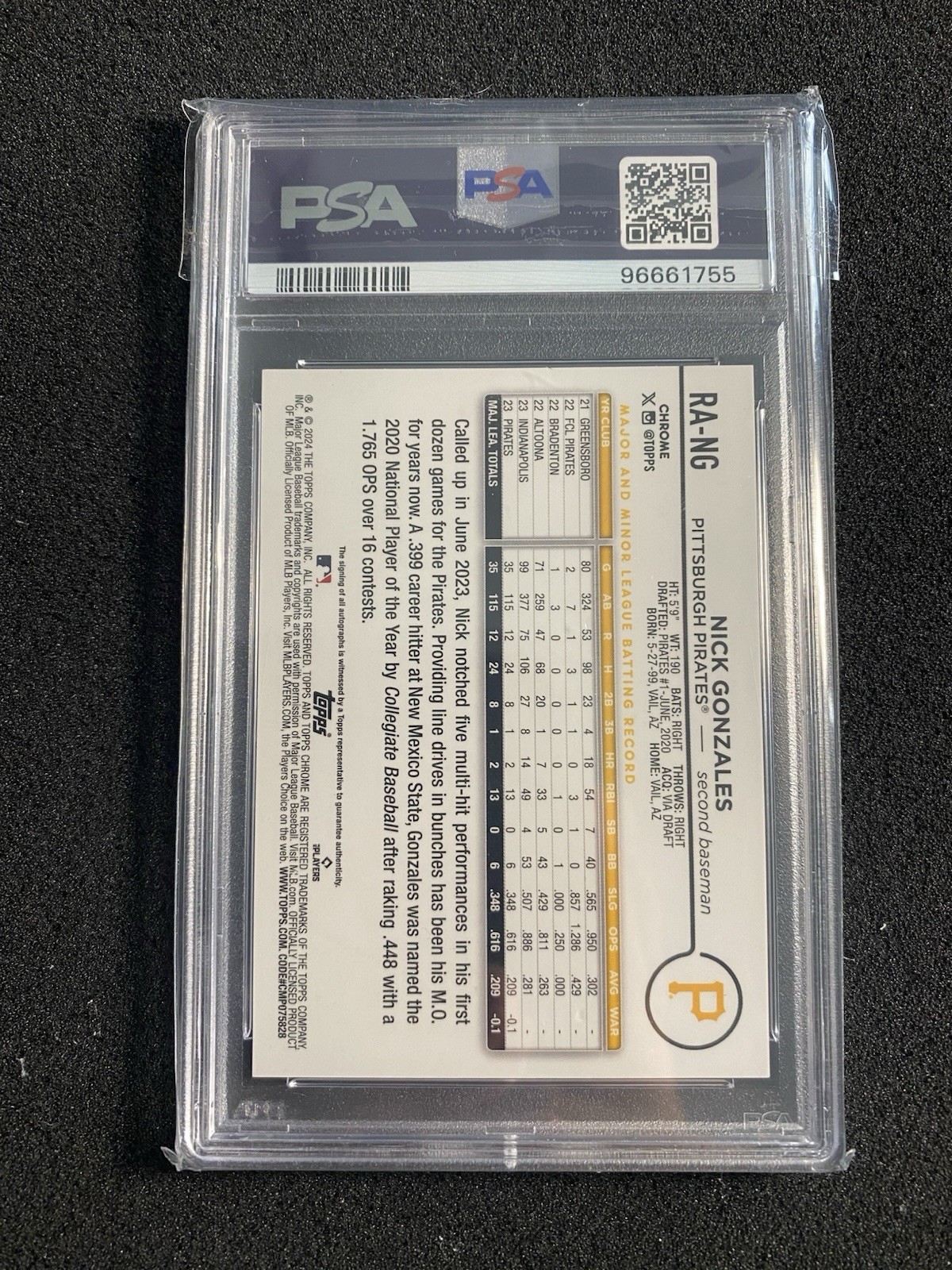 2024 Topps Chrome Nick Gonzales Gold Ref Auto RC /50 PSA 9 #RANG Pirates Rookie