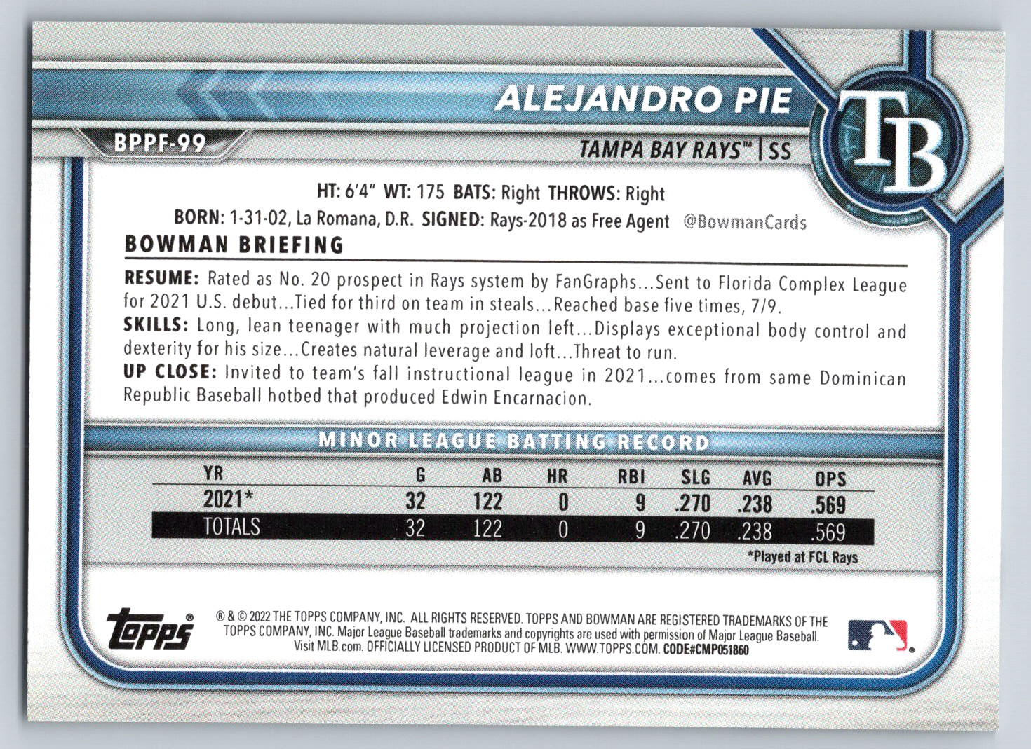 2022 1st Bowman 1st Edition #BPPF-99 Alejandro Pie Tampa Bay Rays Baseball Card