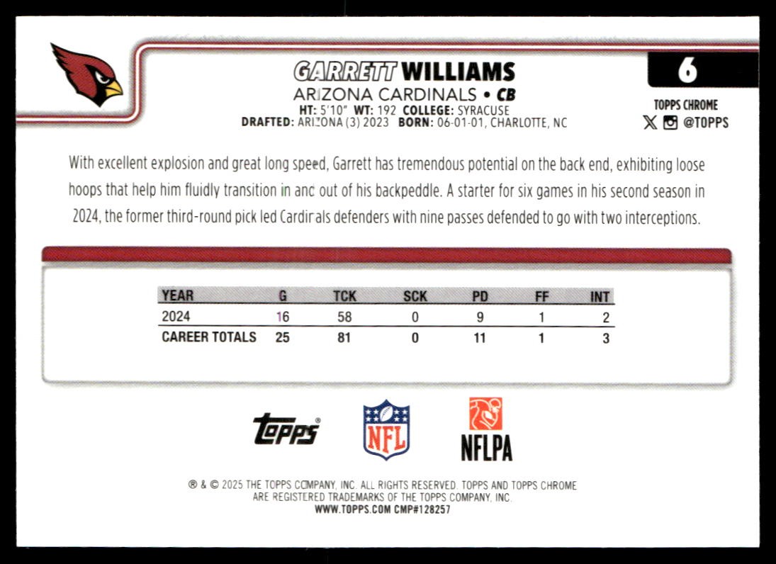 2025 Topps Chrome Football #6 Garrett Williams Fanatics Logo Foil Refractor