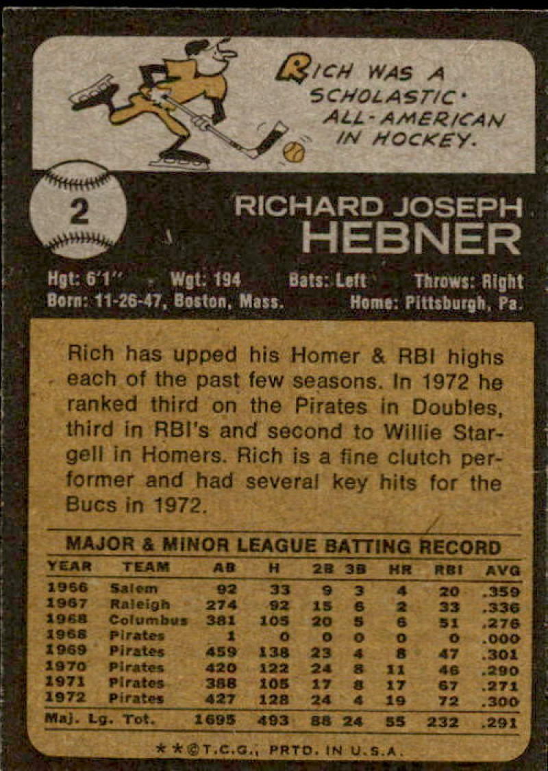 1973 Topps #2 Richie Hebner EX++ Excellent++ Pirates J2M