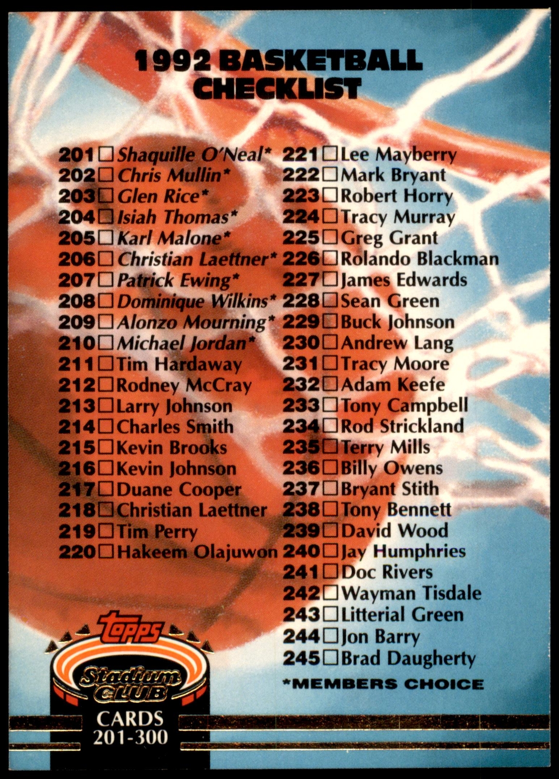 Checklist: 201-300 #399 1992-93 Stadium Club Members Only