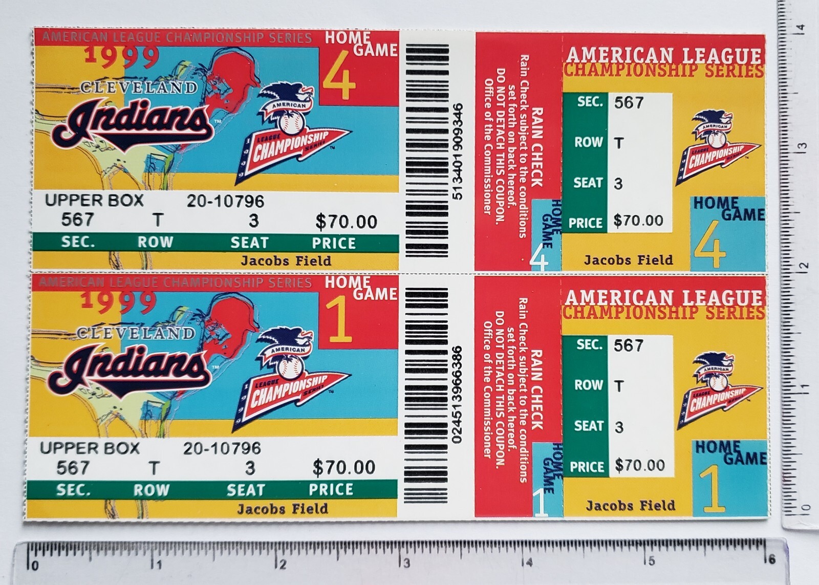 1999 MLB PLAYOFFS 2-Ticket A.L.C.S. PHANTOM Strip CLEVELAND INDIANS Games 1/4 T3