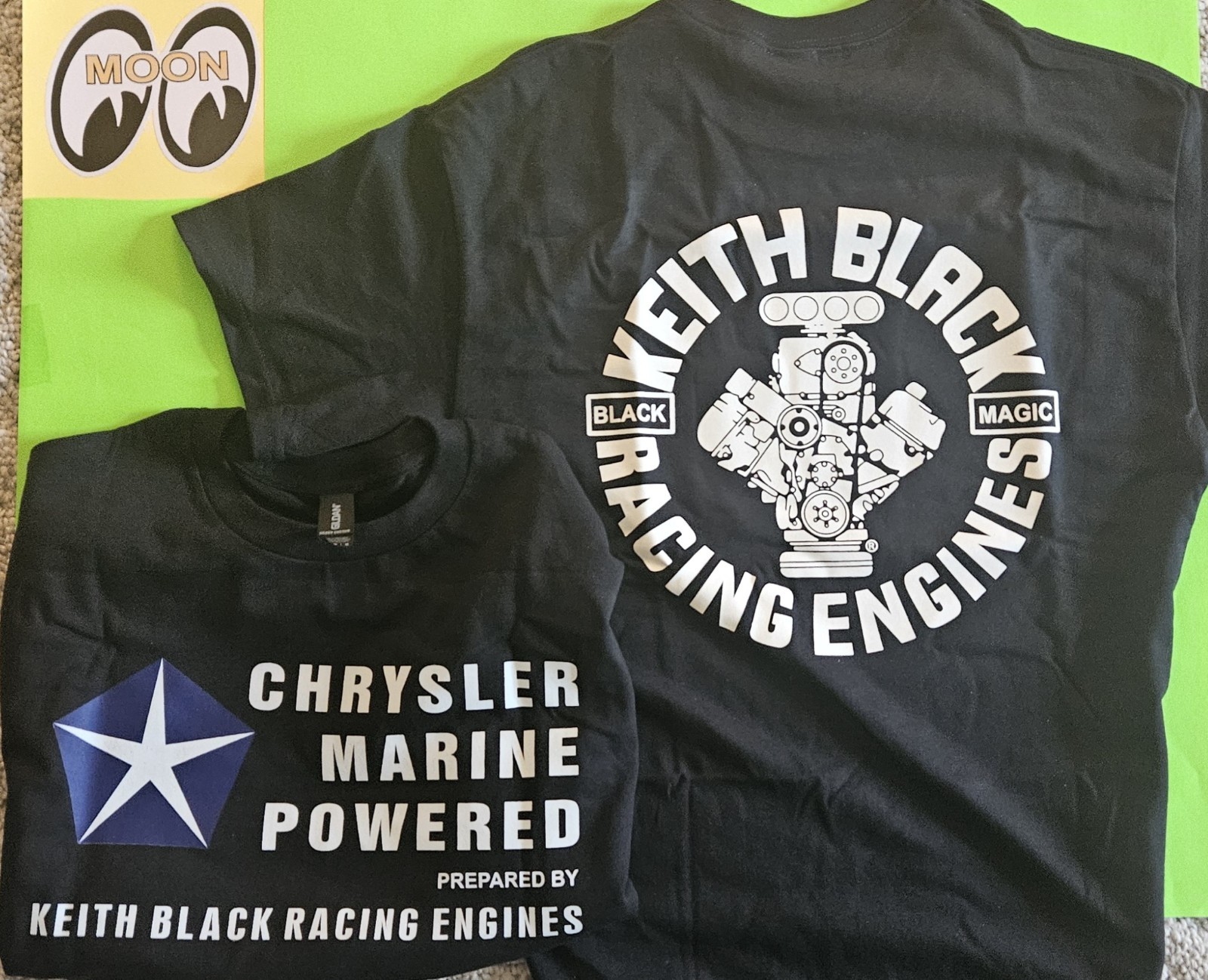 CHRYSLER MARINE Keith Black Engines, Black 100% Cotton T-Shirt. 5″ Decal.