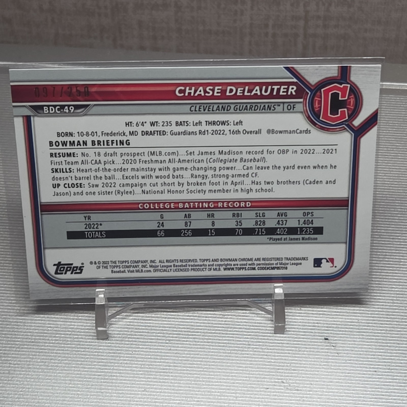 2022 Topps Bowman Draft 1st Bowman Chrome Purple Chase DeLauter BDC-49 /250 🔥