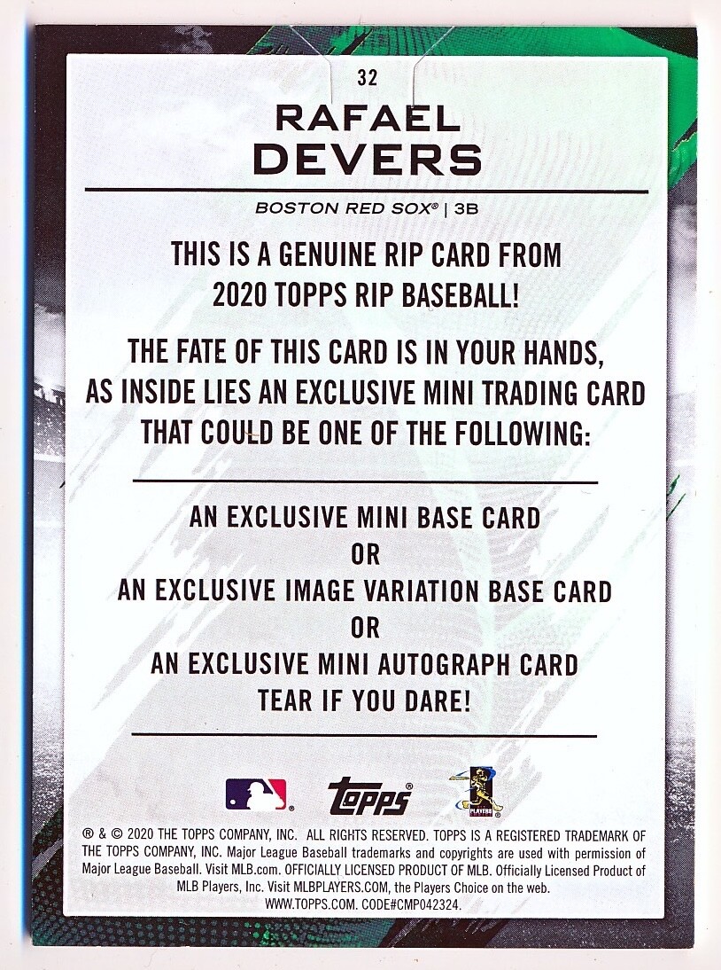 2020 Topps RIP Rafael Devers Green Unripped Rip Card #32 (xx/15) – QTY AVAIL