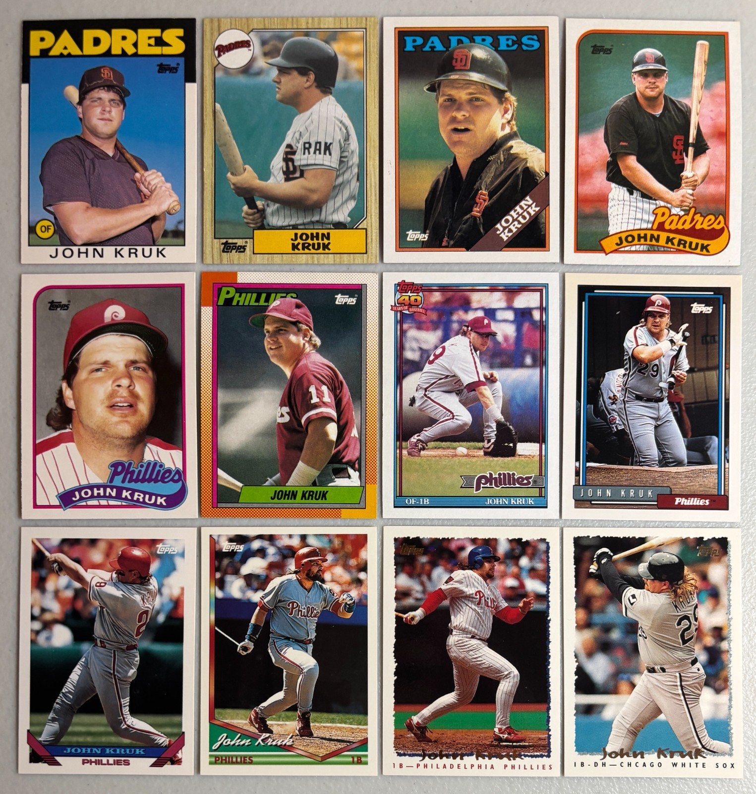 Kruk, John instant collection 12 diff card Topps lot 1986 to 1995 w/3 Traded
