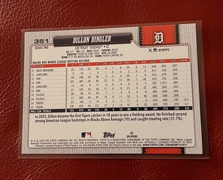 Dillon Dingler 2026 Topps Series 2 #351 Detroit Tigers