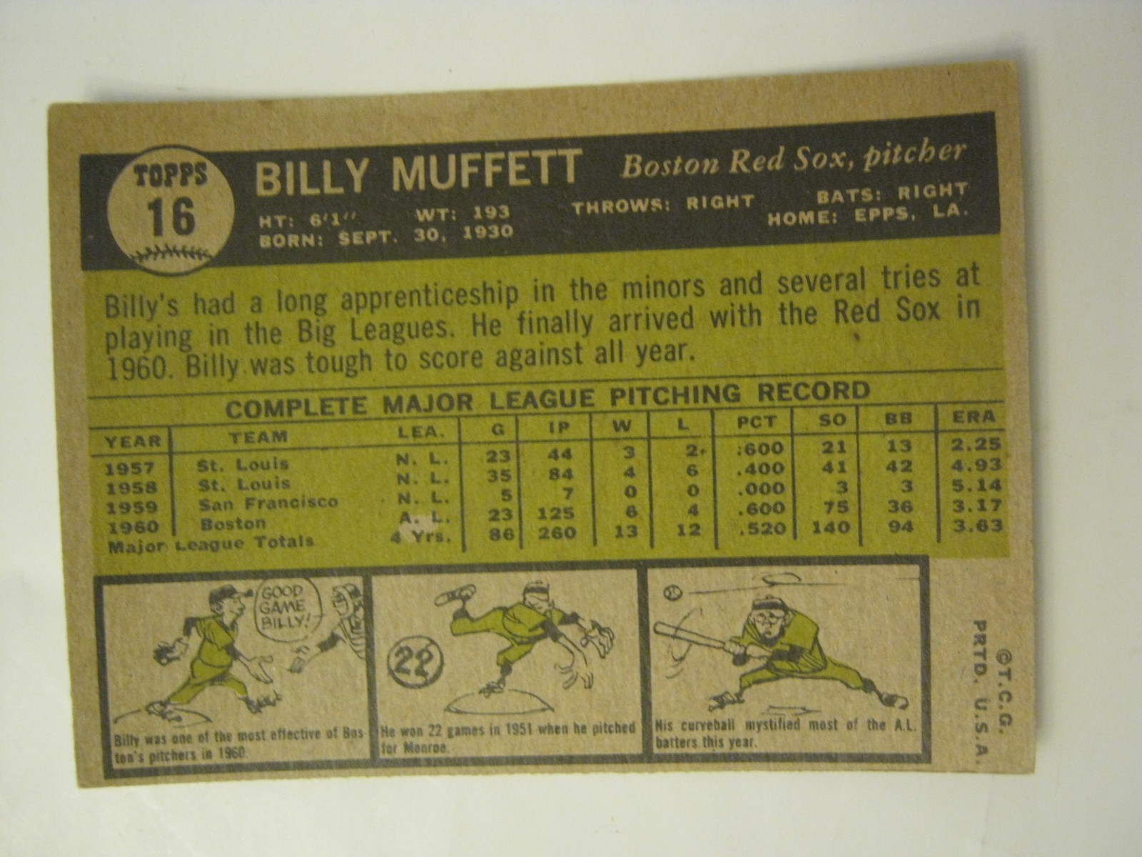 1961 Topps #16 Billy Muffett Baseball Card, Good Cond (027-25)