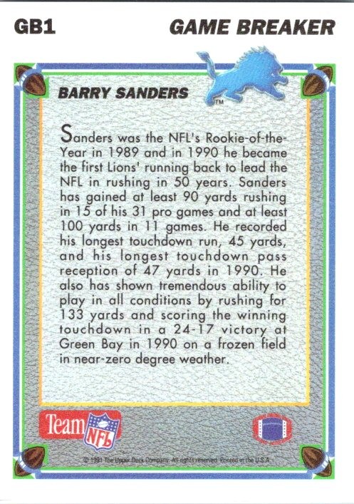 1991 Upper Deck #GB1 Barry Sanders Game Breakers