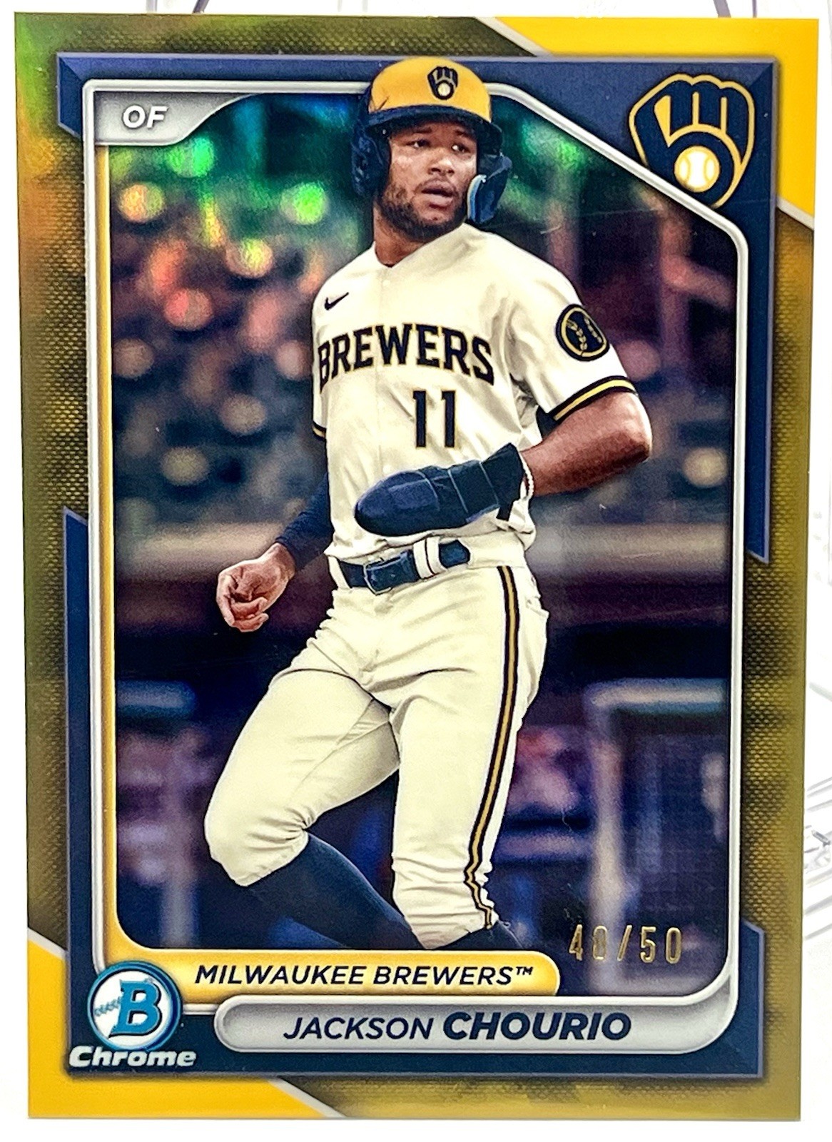2024 Jackson Chourio Bowman Chrome 48/50 True Gold Rookie Refractor #BCP140
