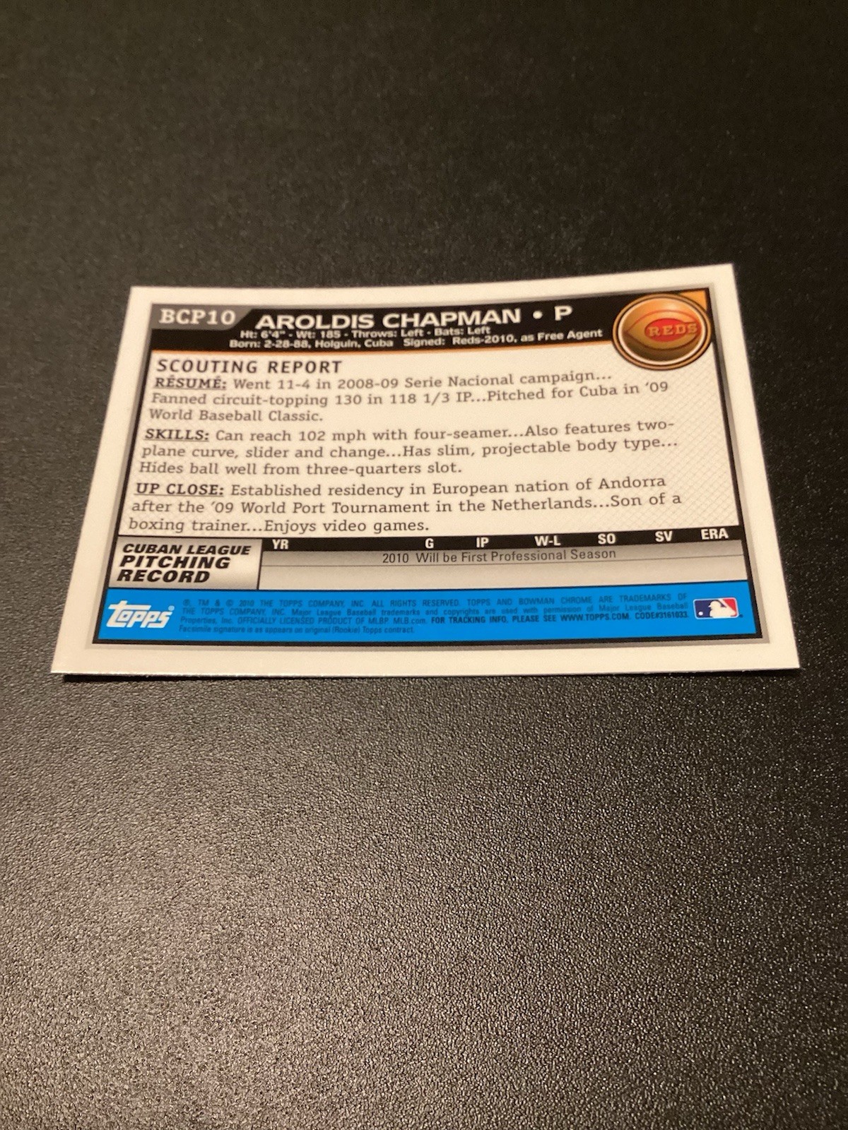 2010 Bowman Chrome – Prospects Aroldis Chapman #BCP10 (RC)