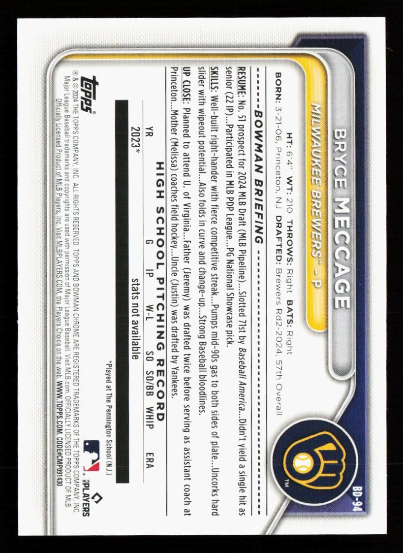 Bryce Meccage 2024 Bowman Draft #BD-94 Milwaukee Brewers
