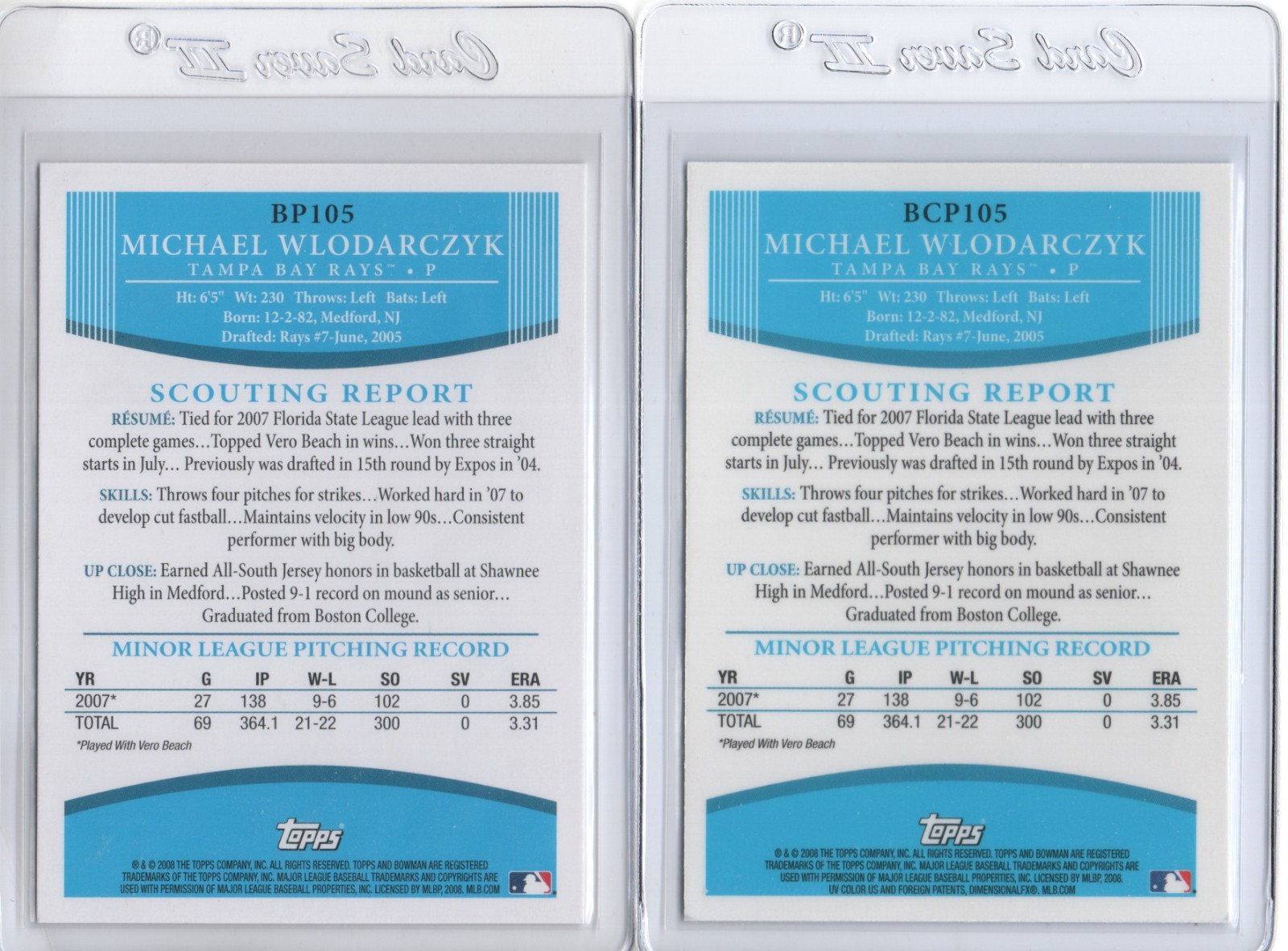 MICHAEL WLODARCZYK 2008 Bowman Prospects BP105 & Chrome Prospects BCP105 Options