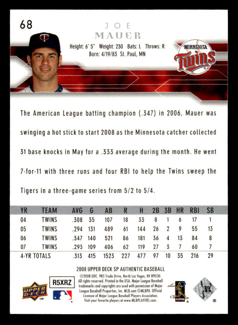 2008 SP Authentic #68 Joe Mauer Card Minnesota Twins