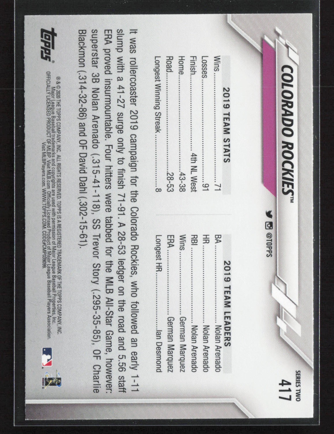 2020 Topps #417 Colorado Rockies Rainbow Foil A16
