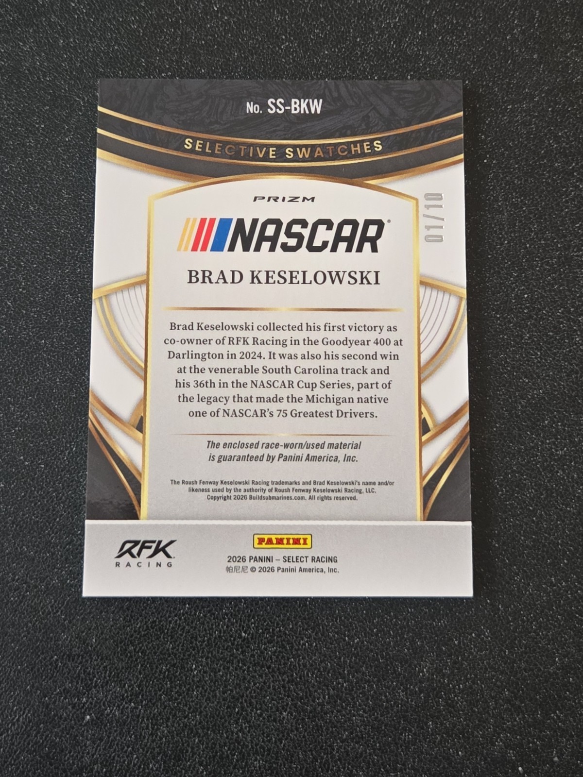 2026 Panini Select Racing #SS-BKW Brad Keselowski Patch Gold Prizm #d 01/10 🏁🔥