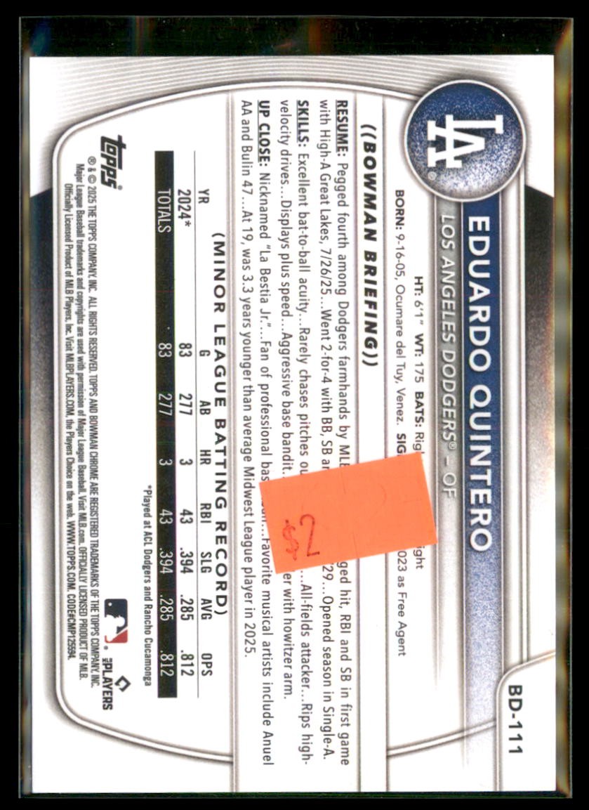 2025 Bowman Draft Paper Eduardo Quintero Dodgers BD-111 5 card lot