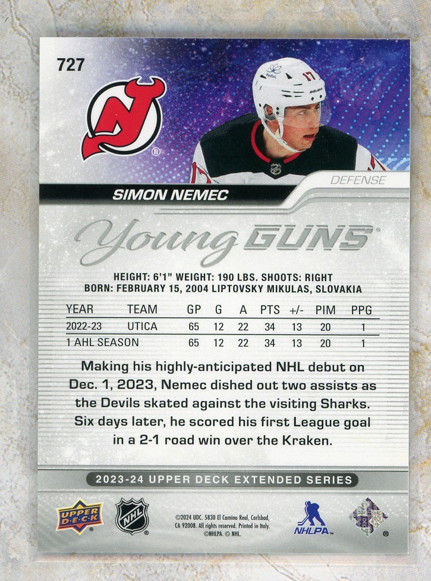 2023-24 Upper Deck Young Guns #727 Simon Nemec YG RC New Jersey Devils