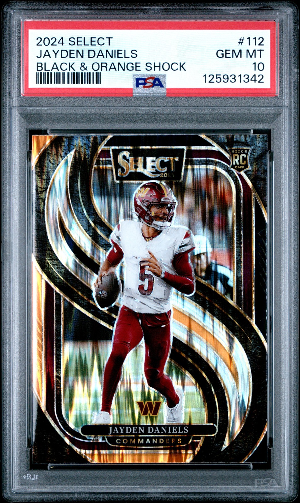 JAYDEN DANIELS #112 2024 PANINI SELECT BLACK & ORANGE PRIZM SHOCK RC PSA 10