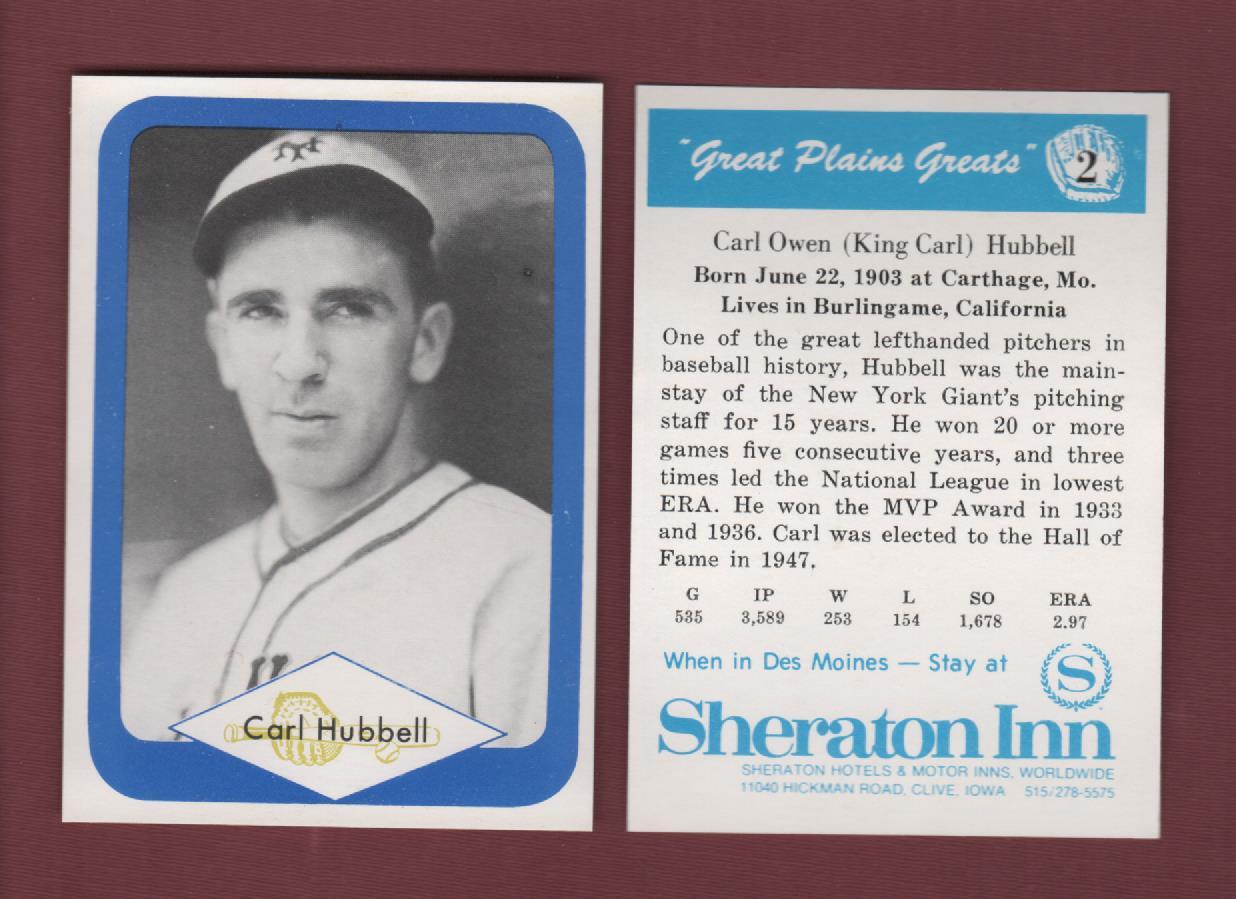 #2 “King Carl” Hubbell, Giants ~ Sheraton Inn/GPSCA Great Plains regional card