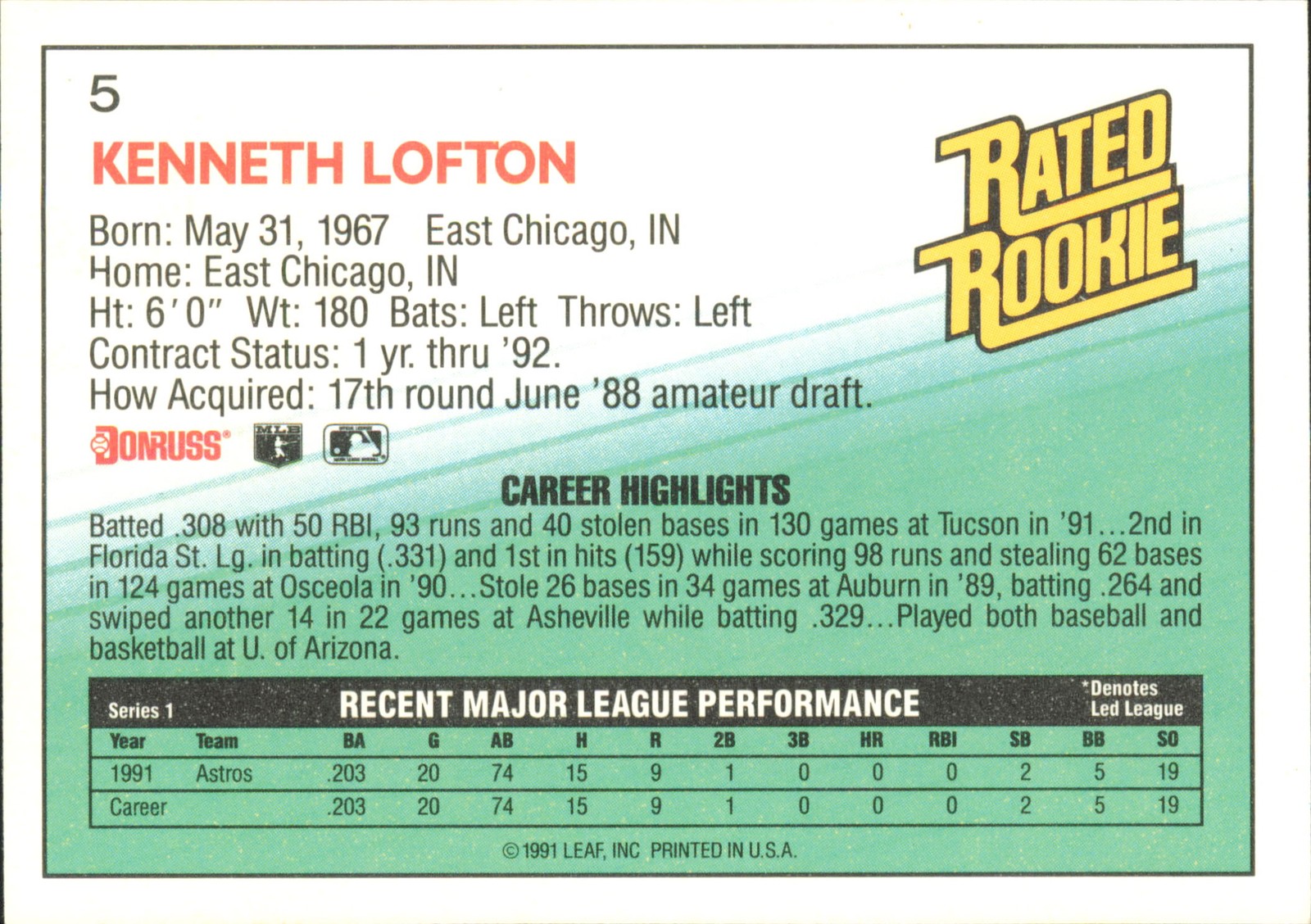 1992 Donruss #5b Kenny Lofton Rated Rookie