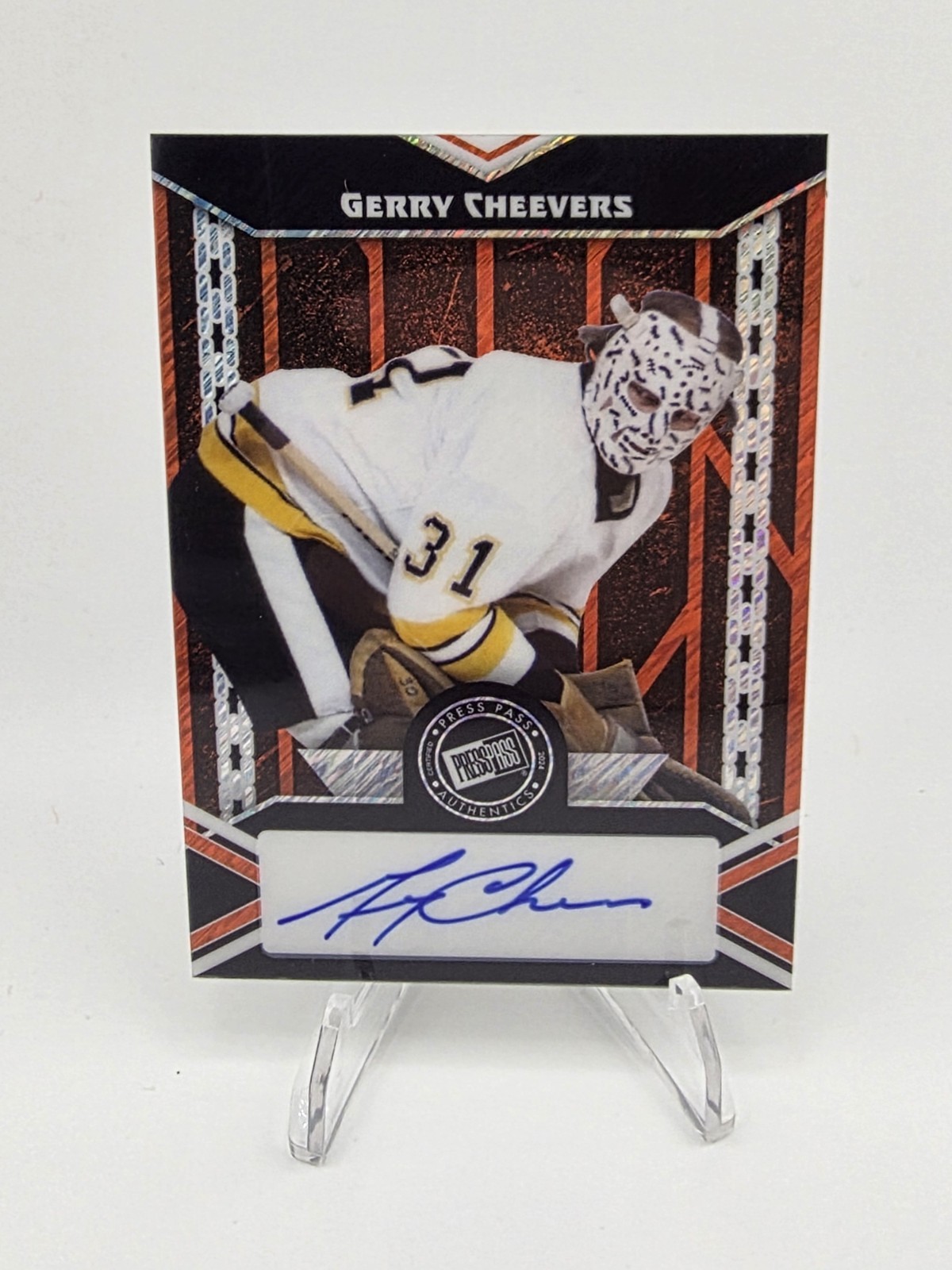2024 Leaf Press Pass Gerry Cheevers Auto 7/8 Boston Bruins HOF Goalie Mask