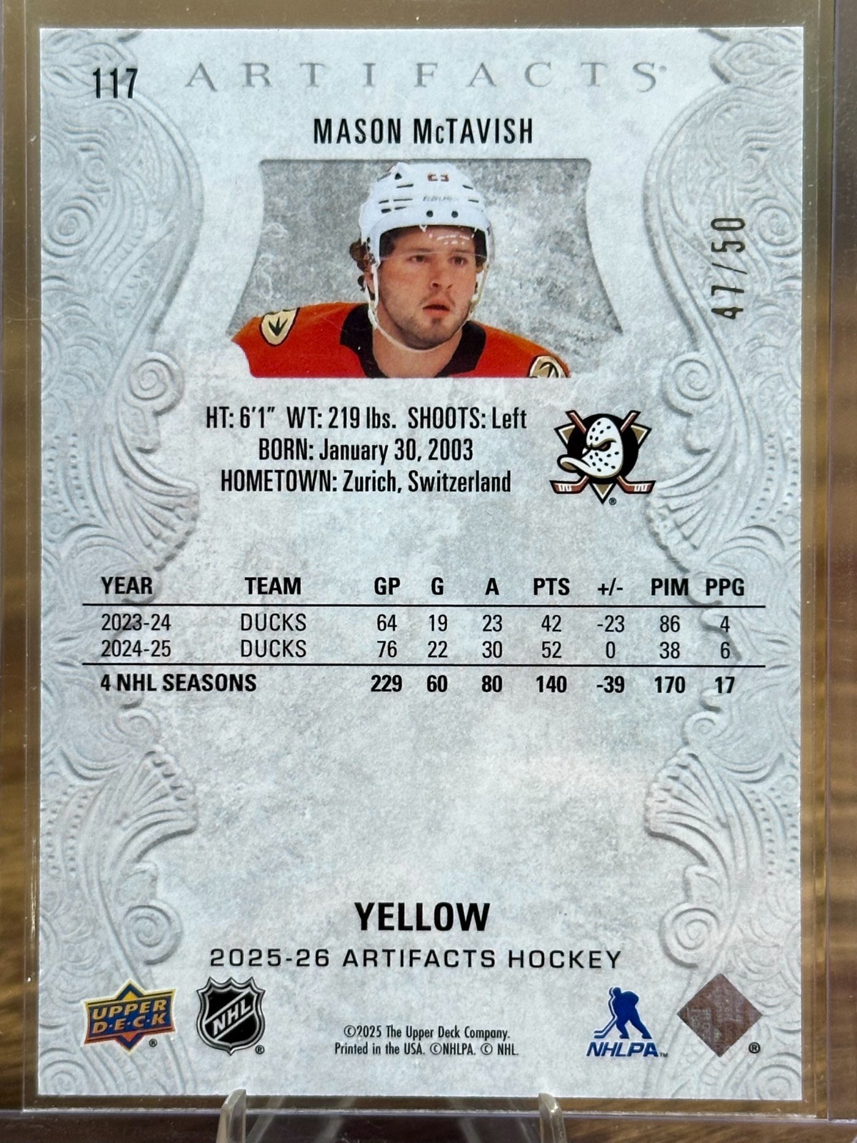 25-26 Upper Deck Artifacts Mason McTavish Yellow 47/50 #117