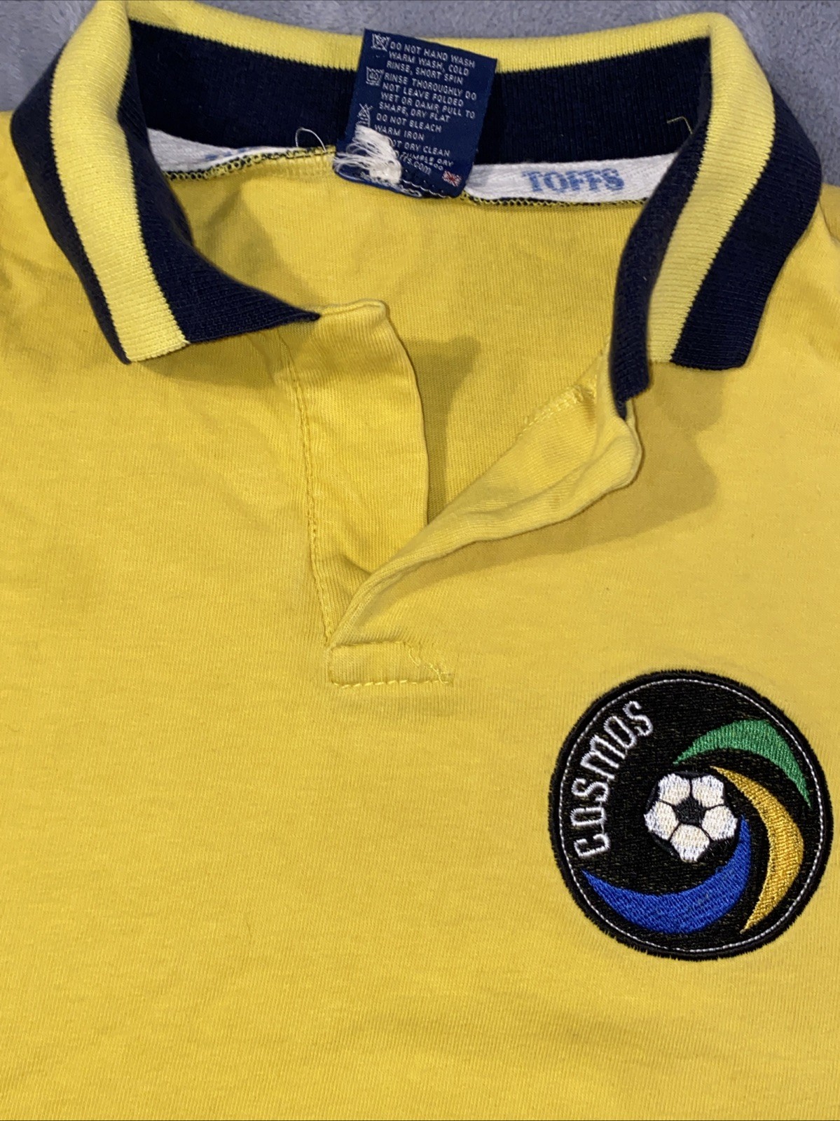 New York Cosmos Retro Rep Football Soccer Toffs Mens Large Yellow Polo Shirt EUC