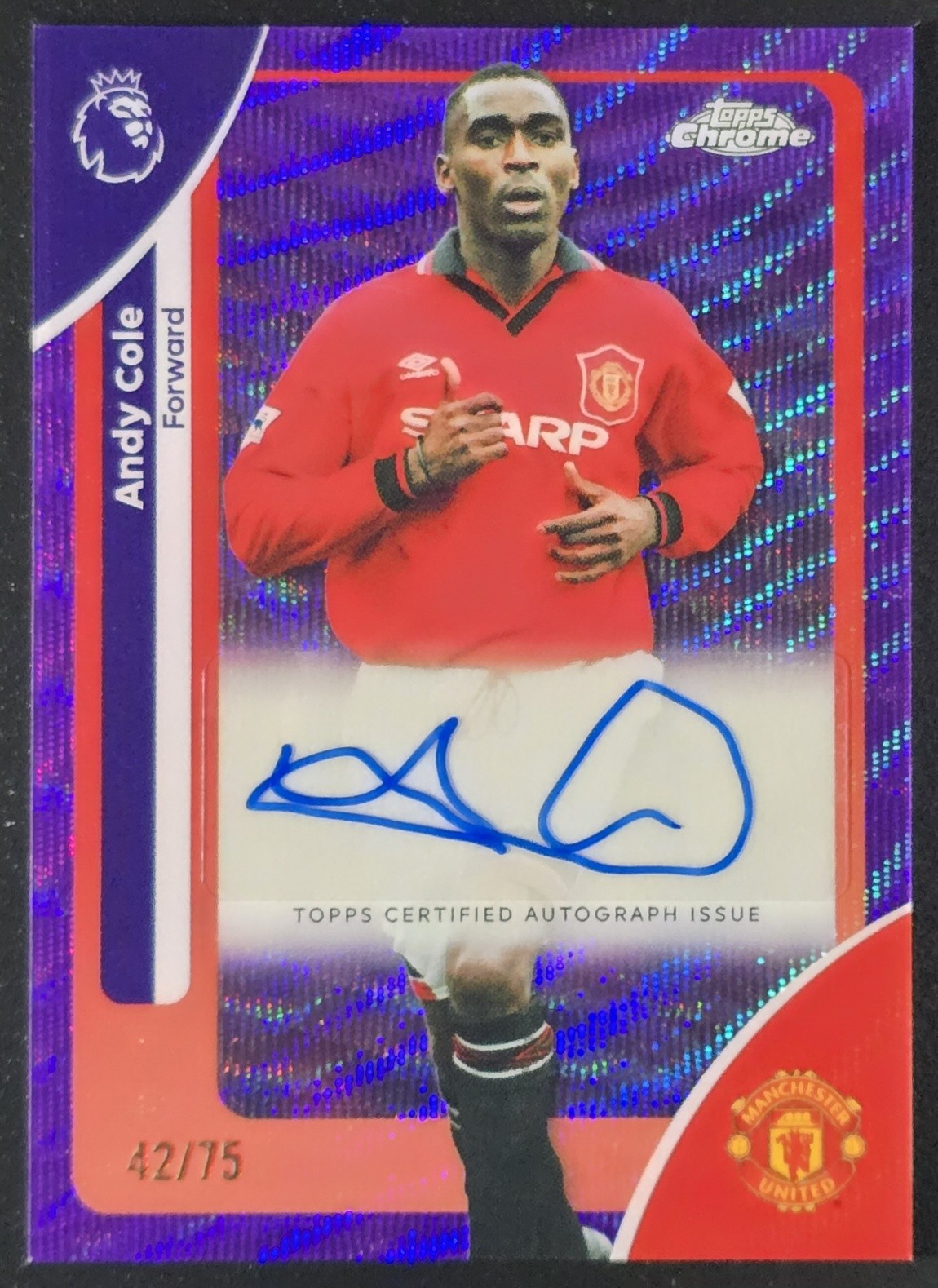 2025-26 Topps Chrome EPL Auto Purple Wave Refractor #CA-AC Andy Cole – 42/77