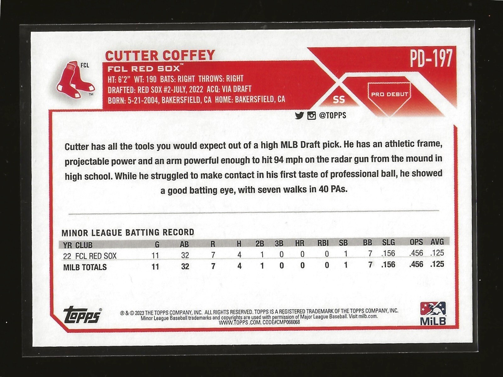 2023 Topps Pro Debut Cutter Coffey Base Card FCL Red Sox (#PD-197)