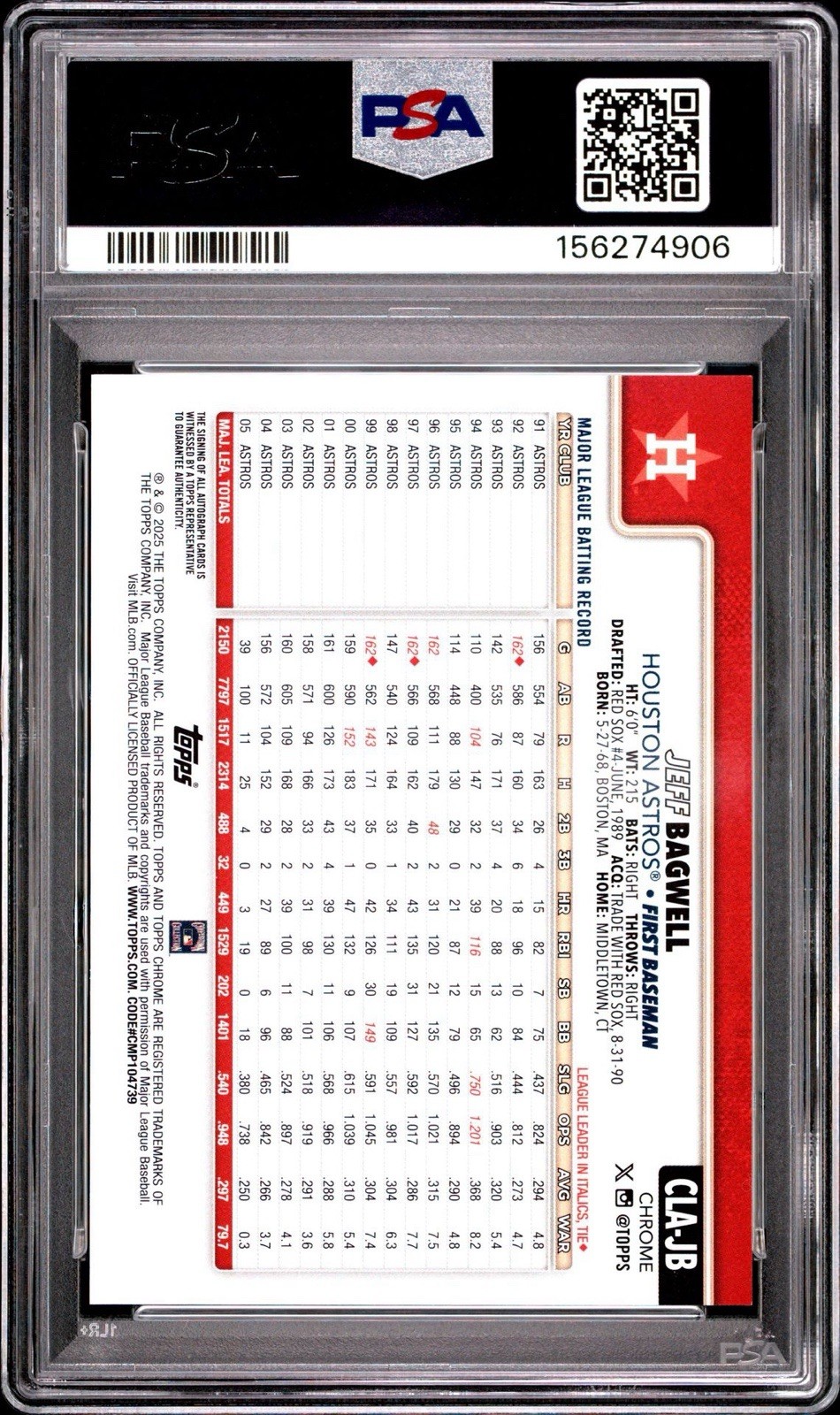 2025 Topps Chrome Legends Jeff Bagwell Auto Orange Refractor /25 PSA 10
